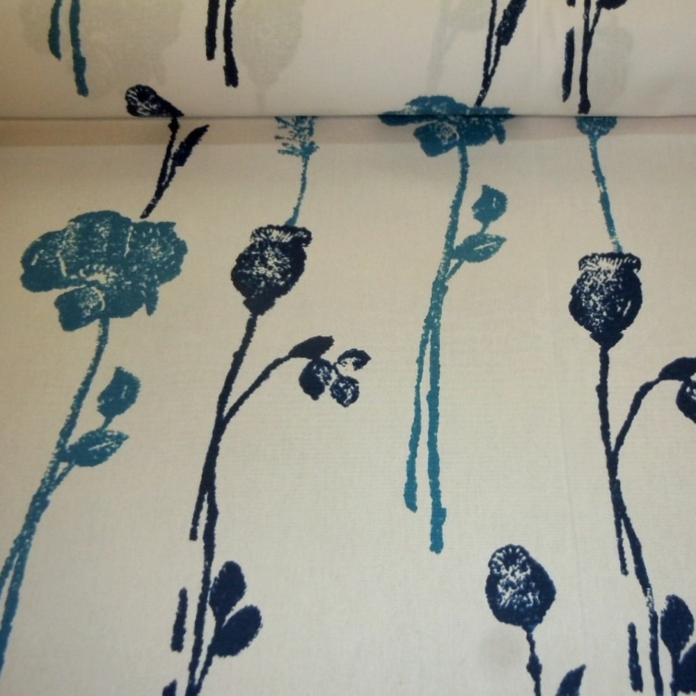 Cotton Poppy Blue on White Fabric - Picture 2 of 6
